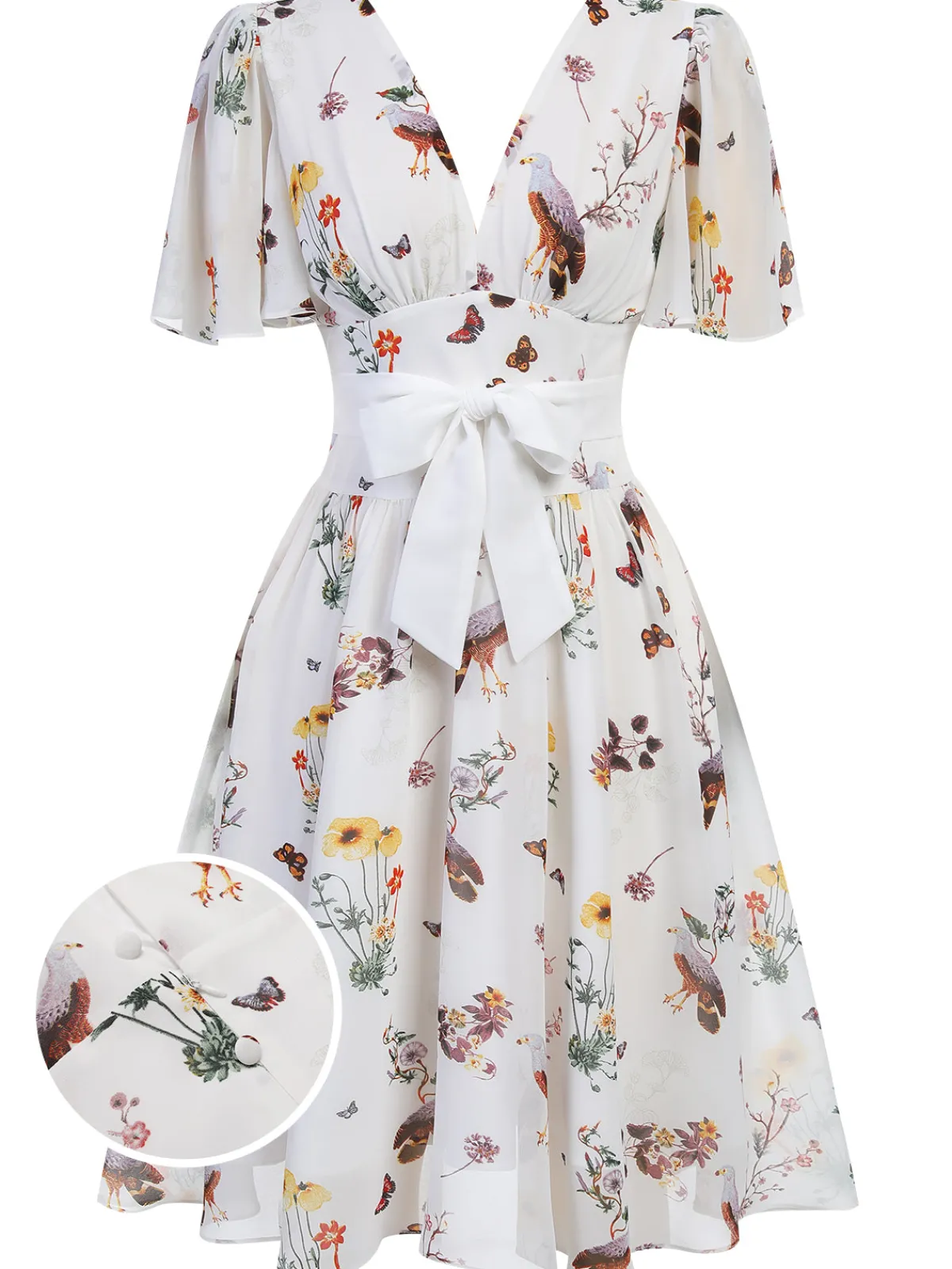 Clearance Retro Stage Pink Flowers And Birds Bowknot V-Neck Dress