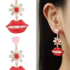 Outlet Retro Stage Pink Heart & Red Lips Valentine Earrings