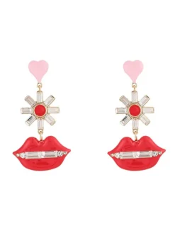 Outlet Retro Stage Pink Heart & Red Lips Valentine Earrings