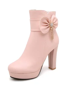 Discount Retro Stage Leather Bow High Heel Ankle Boots Pink