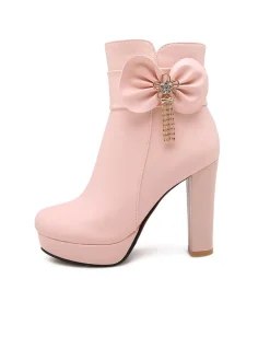 Discount Retro Stage Leather Bow High Heel Ankle Boots Pink