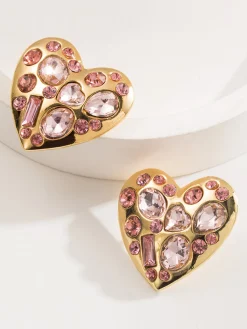 Hot Retro Stage Pink Rhinestone Alloy Heart Shape Earrings