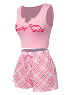 New Retro Stage 1970s Baby Girl Tank Top & Plaid Shorts Pajamas Pink