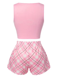 New Retro Stage 1970s Baby Girl Tank Top & Plaid Shorts Pajamas Pink