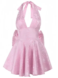 Fashion Retro Stage 1960s Back Bow Jacquard Floral Dress Pink