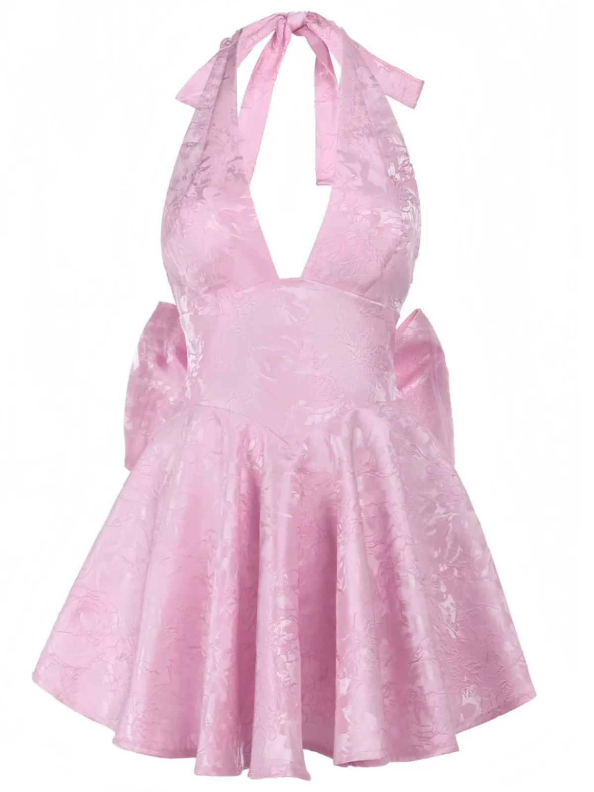 Fashion Retro Stage 1960s Back Bow Jacquard Floral Dress Pink