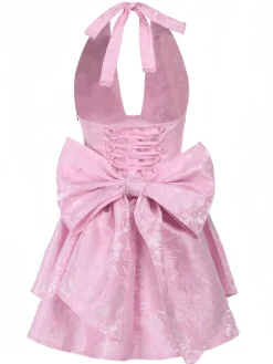 Fashion Retro Stage 1960s Back Bow Jacquard Floral Dress Pink