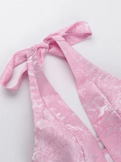 Fashion Retro Stage 1960s Back Bow Jacquard Floral Dress Pink