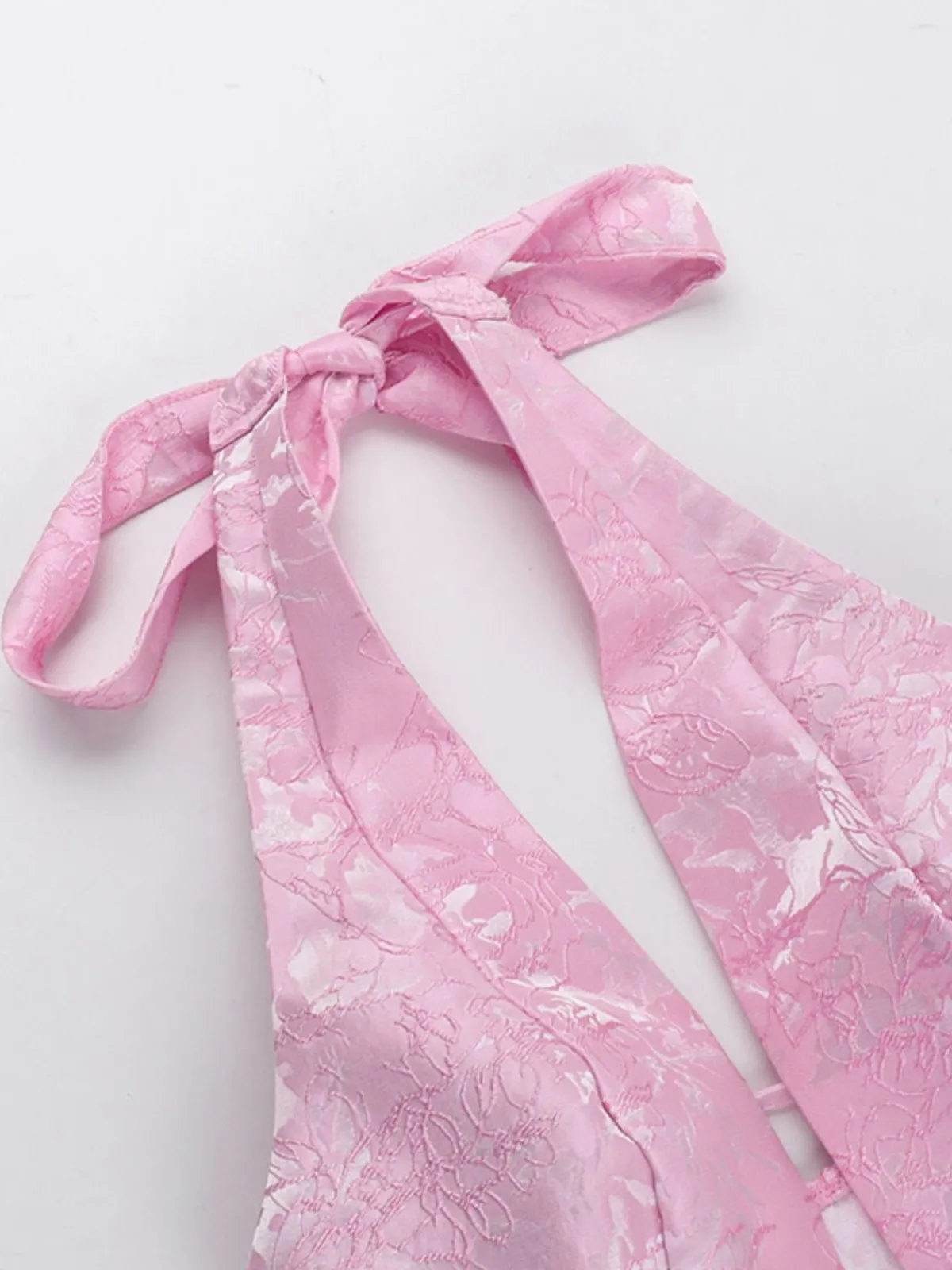 Fashion Retro Stage 1960s Back Bow Jacquard Floral Dress Pink