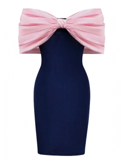 Clearance Retro Stage Pink 1960s Big Bow Off-Shoulder Velvet Dress Pink & Blue