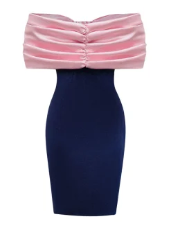 Clearance Retro Stage Pink 1960s Big Bow Off-Shoulder Velvet Dress Pink & Blue