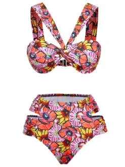Sale Retro Stage 1970s Boho Floral Cross Neck Swimsuit Pink