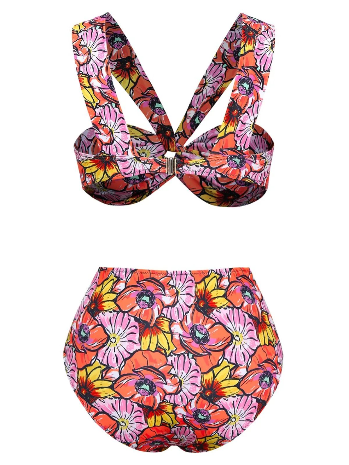 Sale Retro Stage 1970s Boho Floral Cross Neck Swimsuit Pink