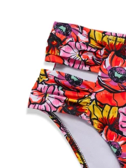 Sale Retro Stage 1970s Boho Floral Cross Neck Swimsuit Pink