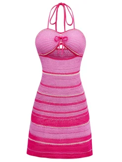 Outlet Retro Stage 1970s Boho Halter Gradient Knit Dress Pink