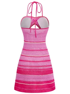 Outlet Retro Stage 1970s Boho Halter Gradient Knit Dress Pink