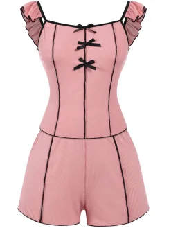 Outlet Retro Stage 1950s Bow Binding Ruffle Straps Pajamas Pink