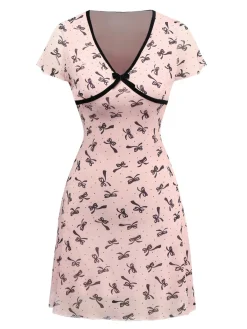 Outlet Retro Stage 1960s Bow Print V-Neck Mesh Dress Pink
