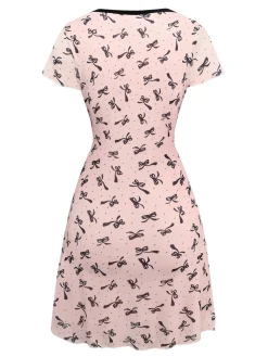 Outlet Retro Stage 1960s Bow Print V-Neck Mesh Dress Pink