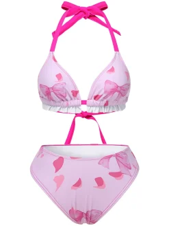 Fashion Retro Stage 1950s Bowknot Print Halter Bikini Set Pink