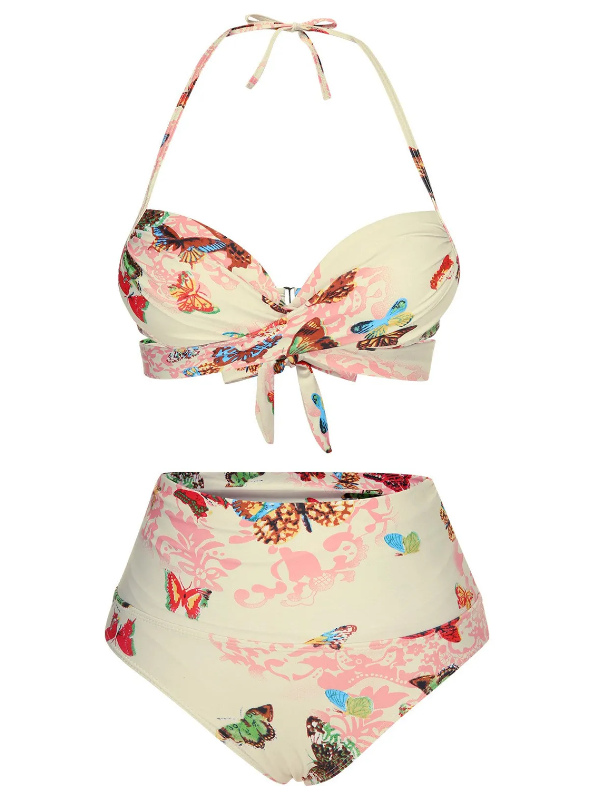 Online Retro Stage 1940s Butterfly Back Lace Up Halter Swimsuit Pink