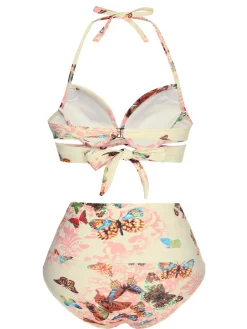 Online Retro Stage 1940s Butterfly Back Lace Up Halter Swimsuit Pink