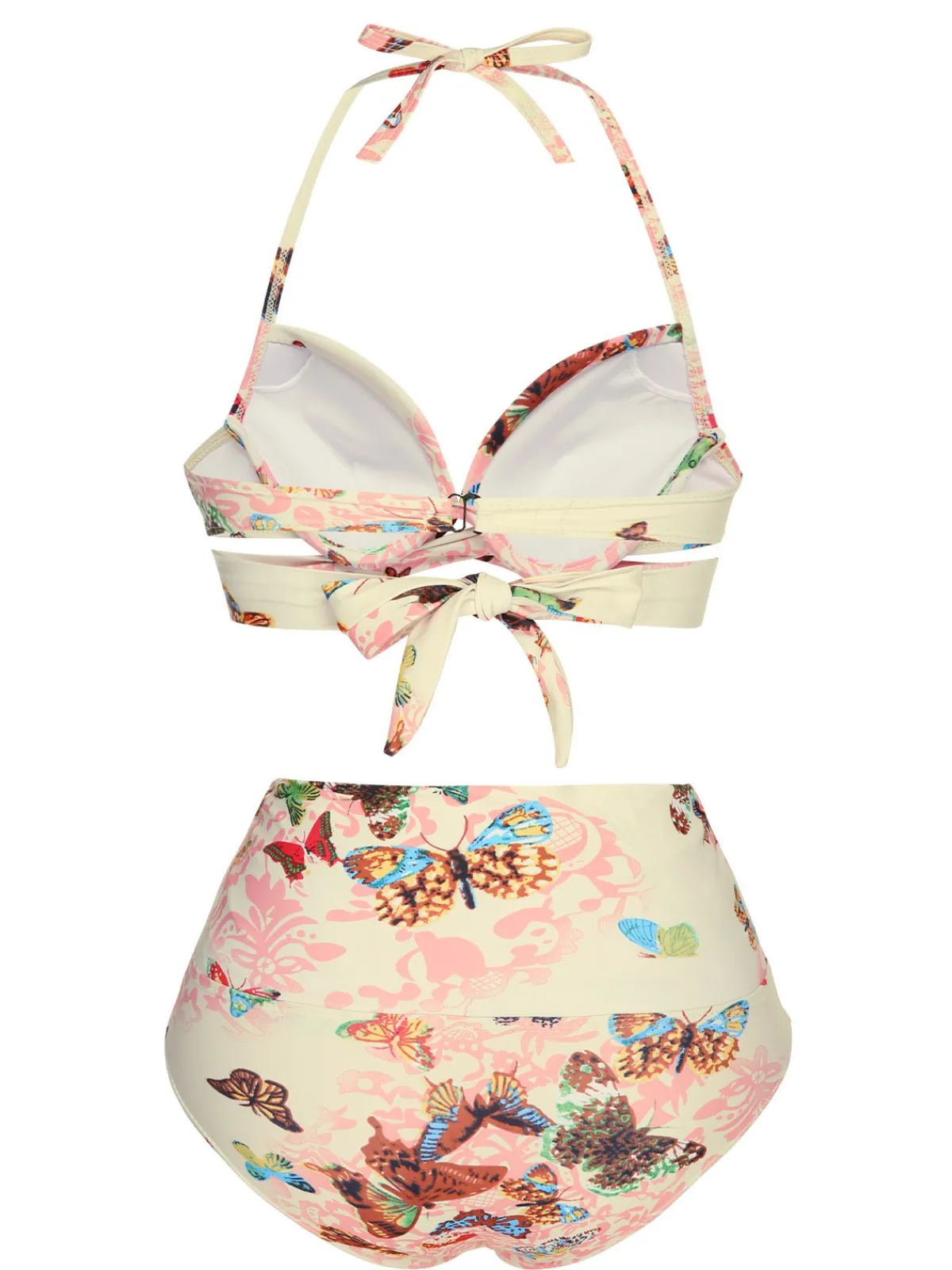 Online Retro Stage 1940s Butterfly Back Lace Up Halter Swimsuit Pink