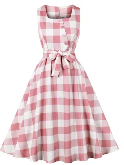 Fashion Retro Stage Pink 1950s Button Bow Gingham Plaid Dress Dark Pink
