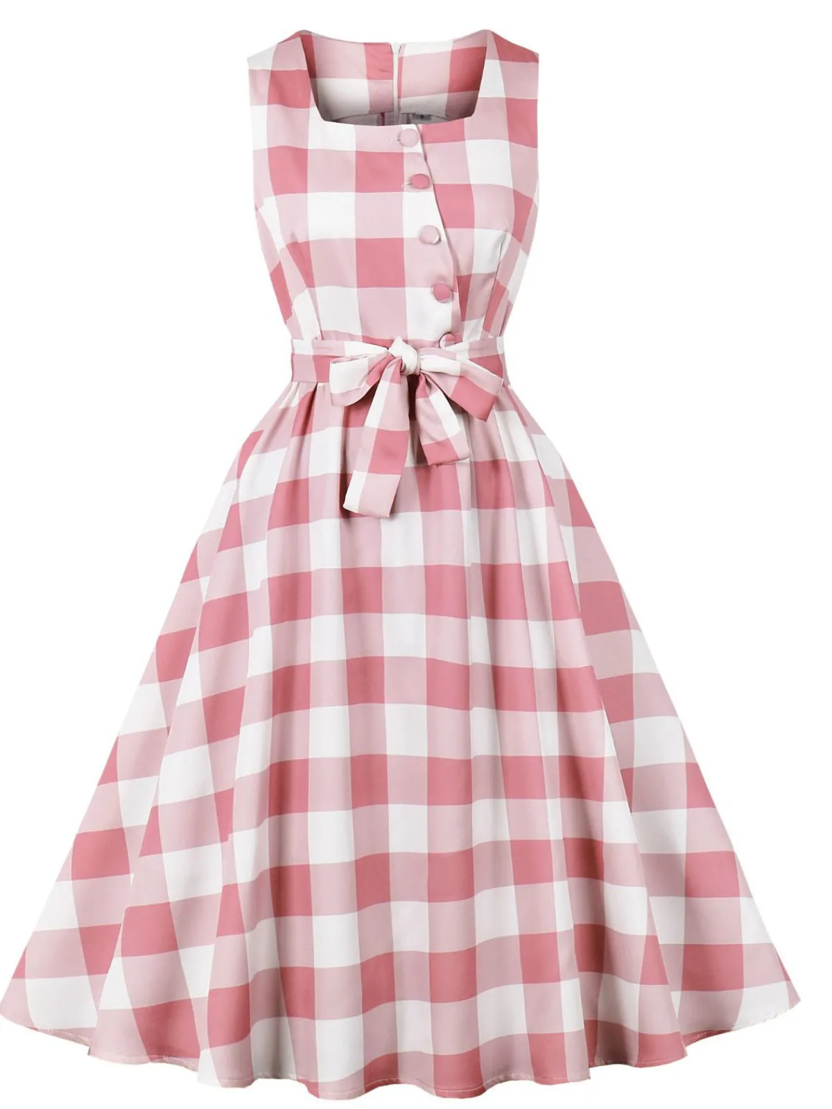 Fashion Retro Stage Pink 1950s Button Bow Gingham Plaid Dress Dark Pink