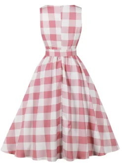 Fashion Retro Stage Pink 1950s Button Bow Gingham Plaid Dress Dark Pink