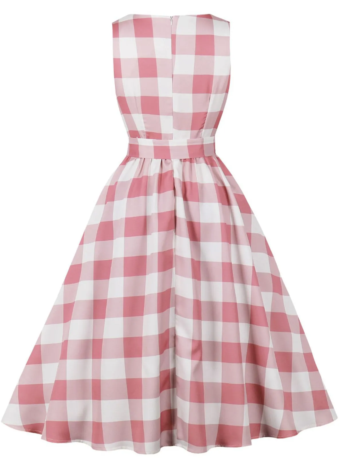 Fashion Retro Stage Pink 1950s Button Bow Gingham Plaid Dress Dark Pink