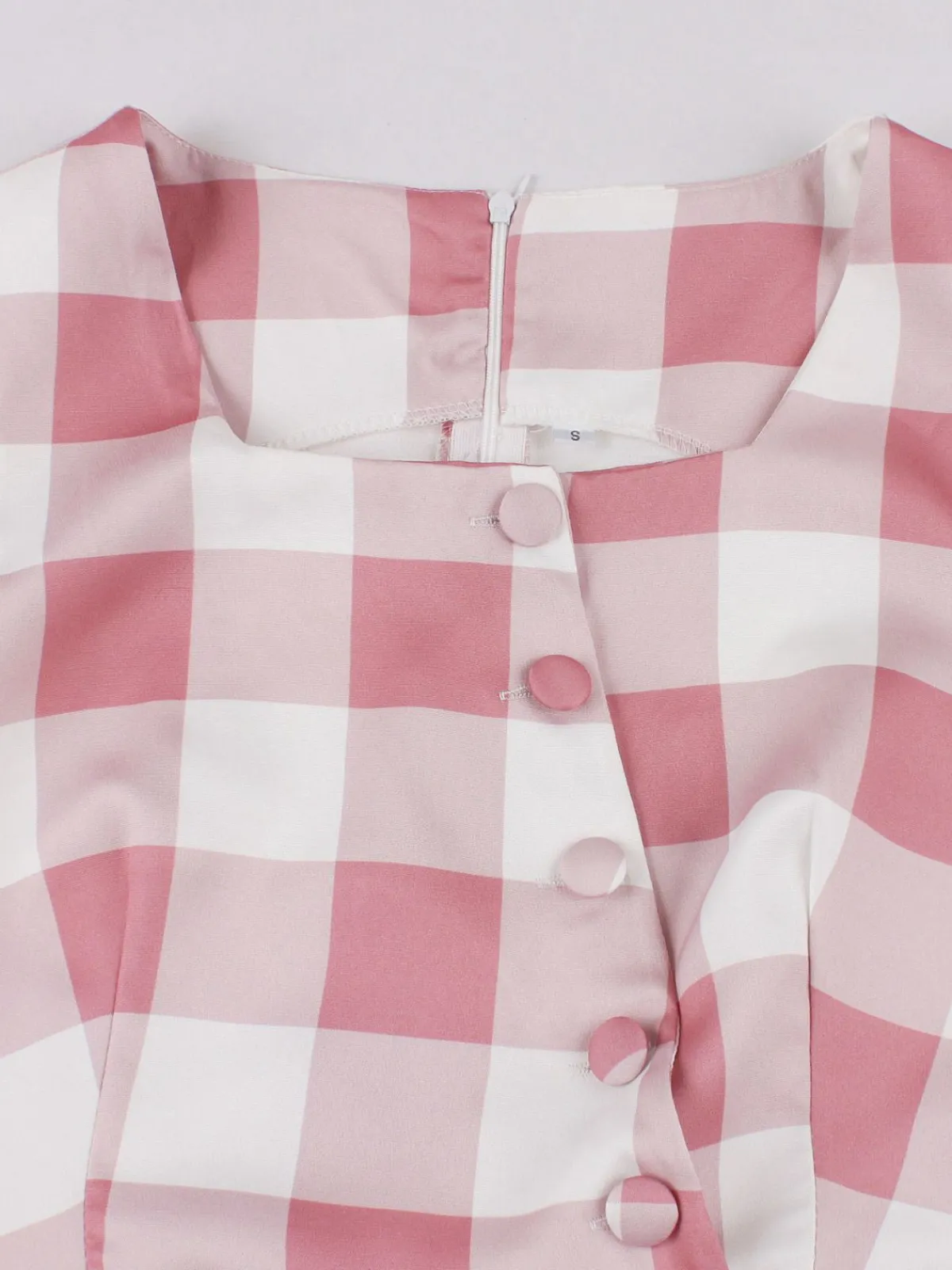 Fashion Retro Stage Pink 1950s Button Bow Gingham Plaid Dress Dark Pink