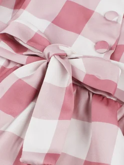 Fashion Retro Stage Pink 1950s Button Bow Gingham Plaid Dress Dark Pink