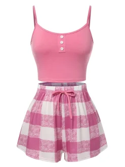 Discount Retro Stage 1970s Camisole Top & Plaid Shorts Pajamas Pink