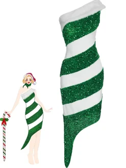 Online Retro Stage Pink 1960s Candy Cane One-Shoulder Dress