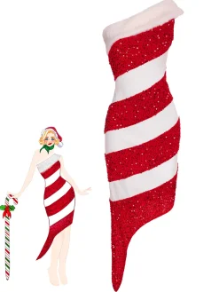 Online Retro Stage Pink 1960s Candy Cane One-Shoulder Dress