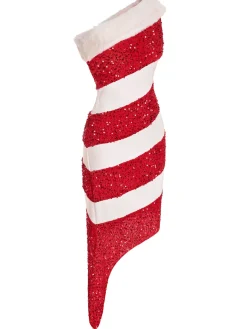 Online Retro Stage Pink 1960s Candy Cane One-Shoulder Dress