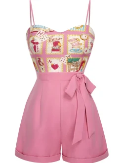 New Retro Stage 1950s Cartoon Pattern Spaghetti Strap Romper Pink