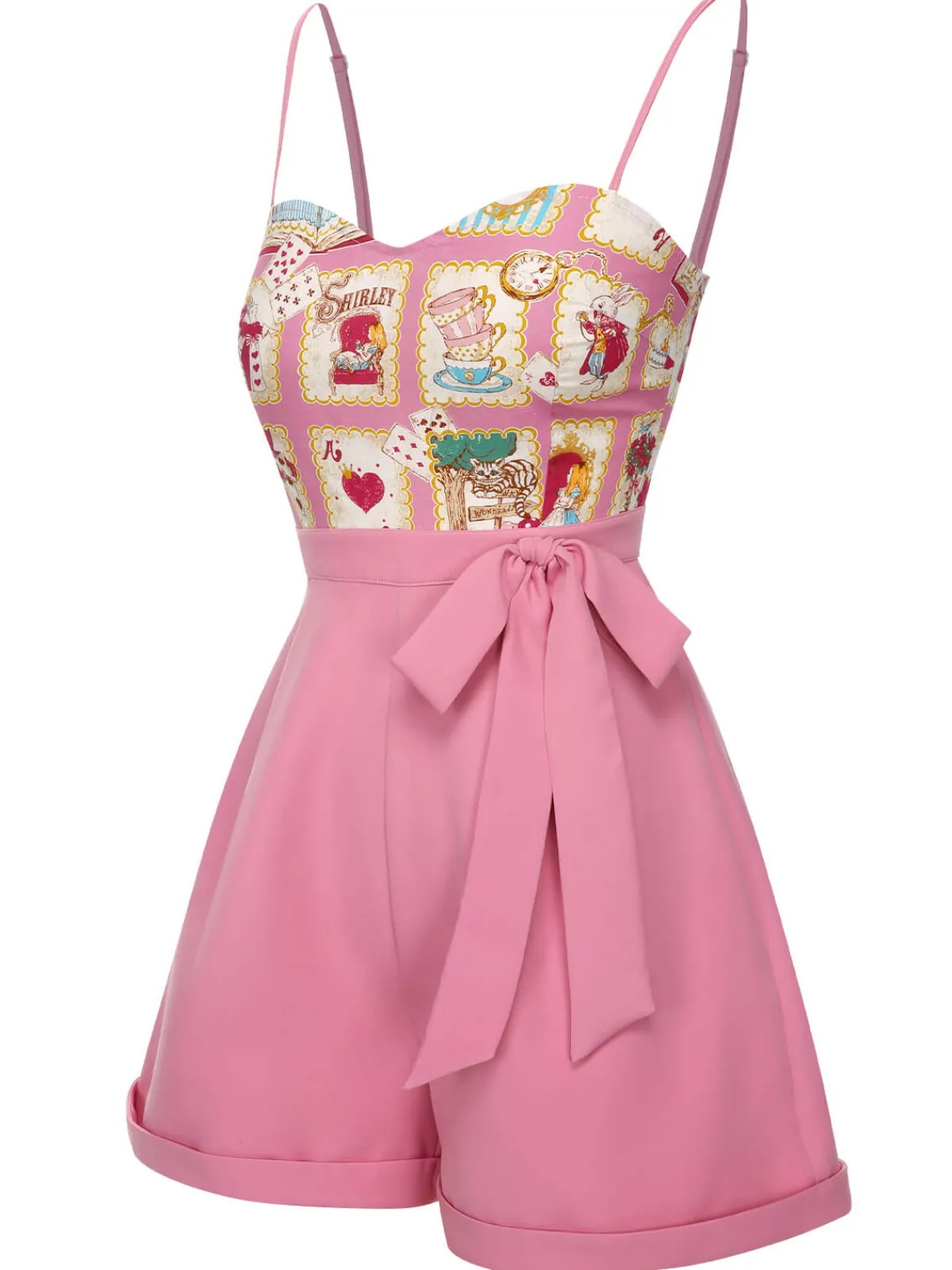New Retro Stage 1950s Cartoon Pattern Spaghetti Strap Romper Pink