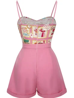 New Retro Stage 1950s Cartoon Pattern Spaghetti Strap Romper Pink