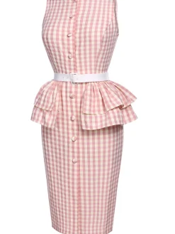 Online Retro Stage 1960s Checked Belted Pencil Dress Pink