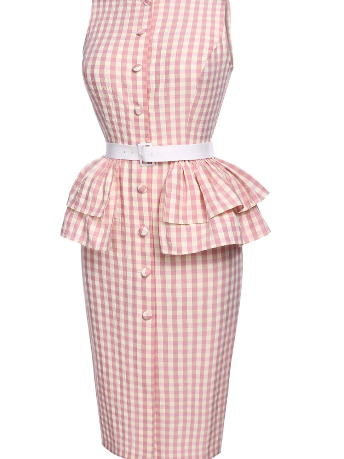Online Retro Stage 1960s Checked Belted Pencil Dress Pink