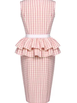 Online Retro Stage 1960s Checked Belted Pencil Dress Pink
