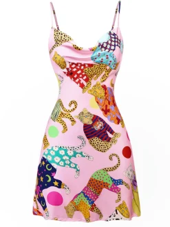 New Retro Stage 1970s Cheetah Print Satin Slip Nightdress Pink