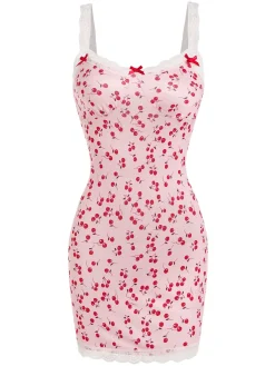 Fashion Retro Stage 1950s Cherry Lace Spaghetti Straps Sleepwear Pink