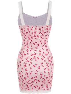Fashion Retro Stage 1950s Cherry Lace Spaghetti Straps Sleepwear Pink