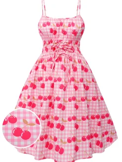 Best Retro Stage 1950s Cherry Spaghetti Strap Dress Pink