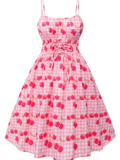 Best Retro Stage 1950s Cherry Spaghetti Strap Dress Pink