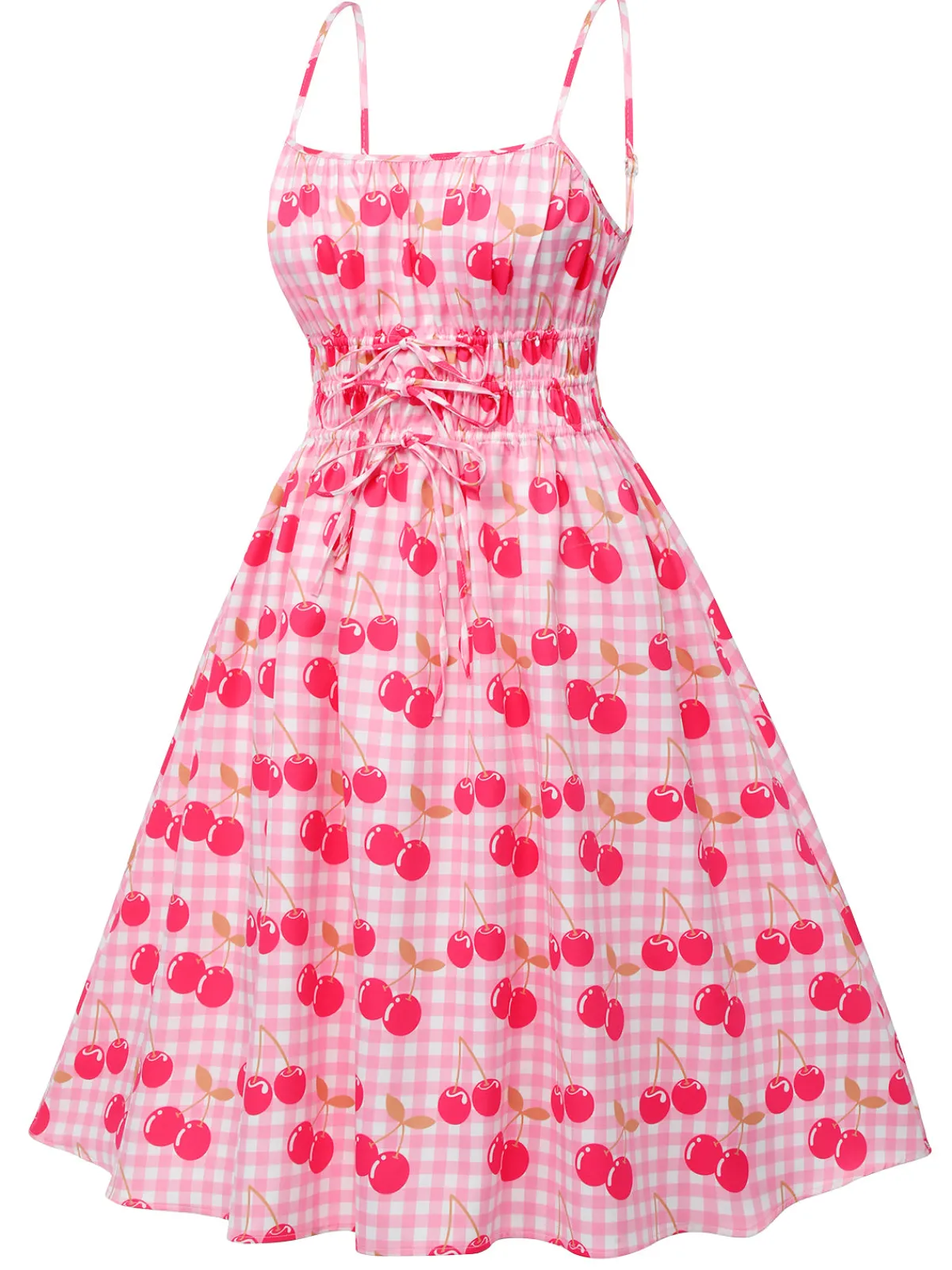 Best Retro Stage 1950s Cherry Spaghetti Strap Dress Pink