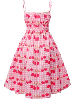Best Retro Stage 1950s Cherry Spaghetti Strap Dress Pink
